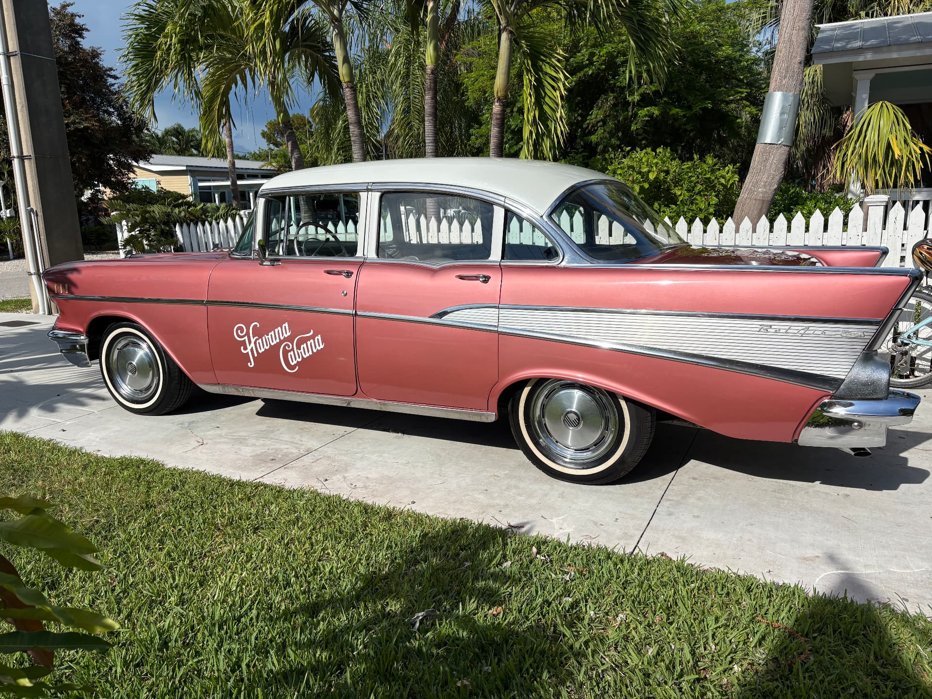 Restored pink and silver classic car photographed in Key West